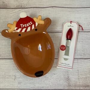 Hallmark Rudolph Reindeer Serving Bowl with Red Light Bulb Spreader Snack Dish